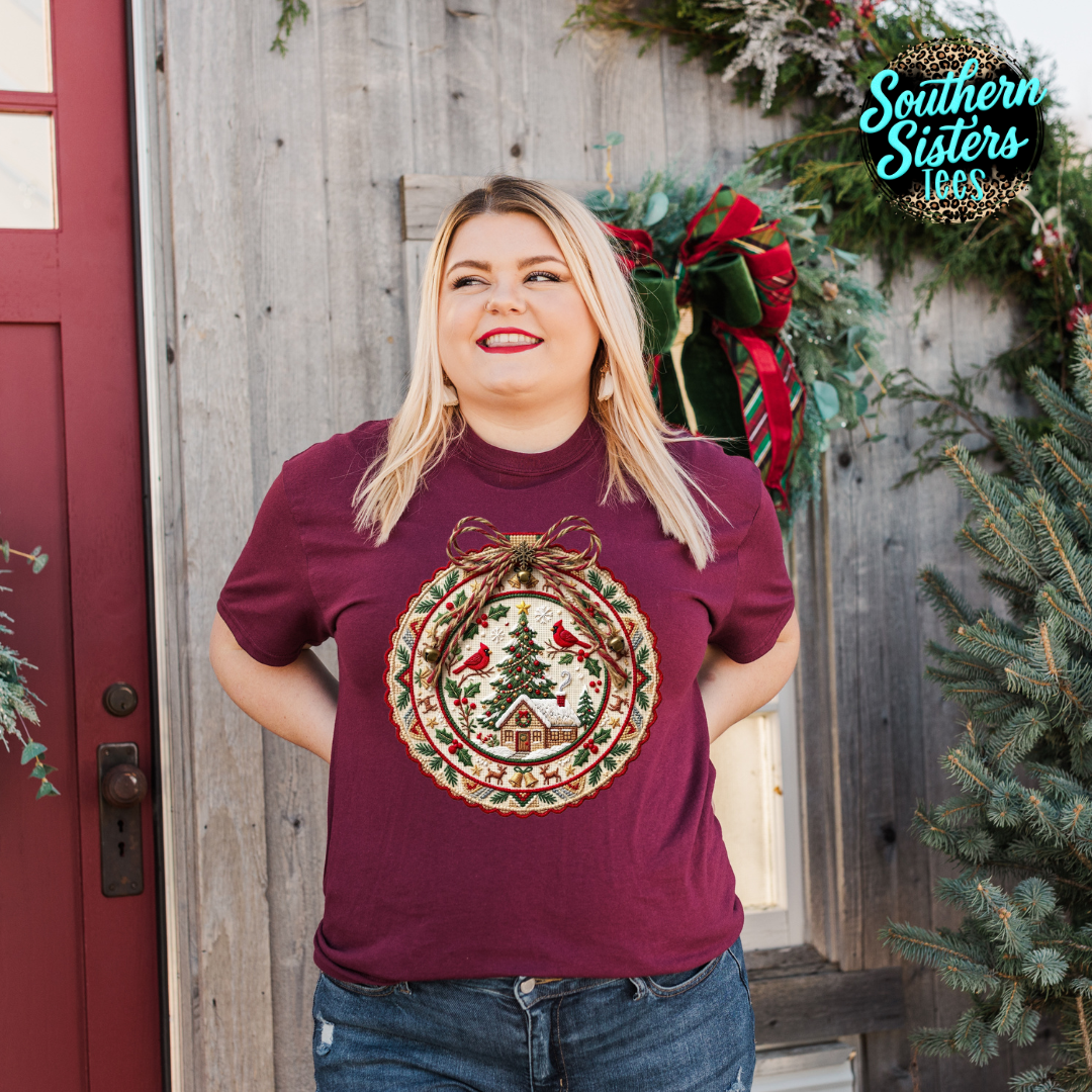 Needlepoint Christmas Wreath Tee Shirt