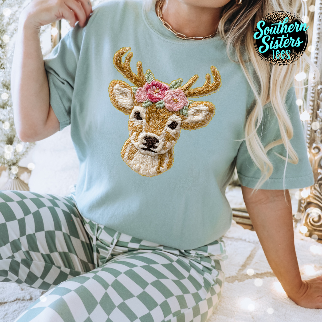 Needlepoint Reindeer Tee Shirt