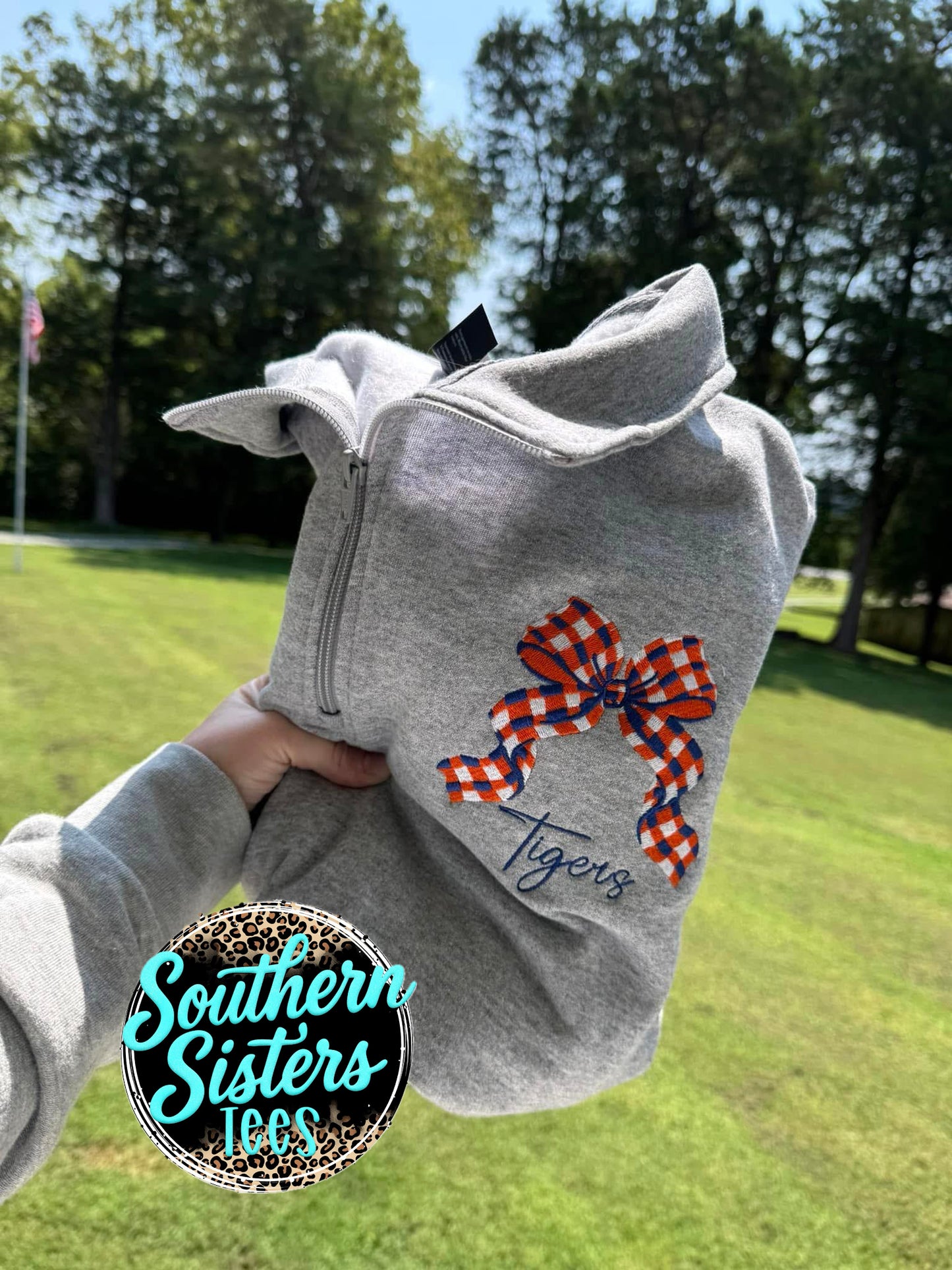 Embroidered Gingham Bow 1/4 Zip