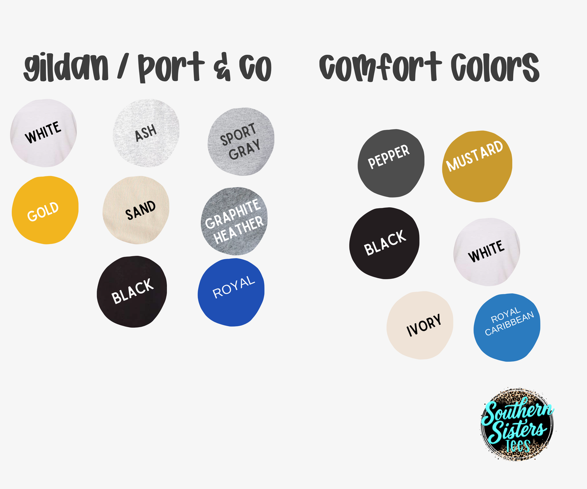 Tabernacle Elementary Cougars shirt color chart, Gildan and Comfort Colors options