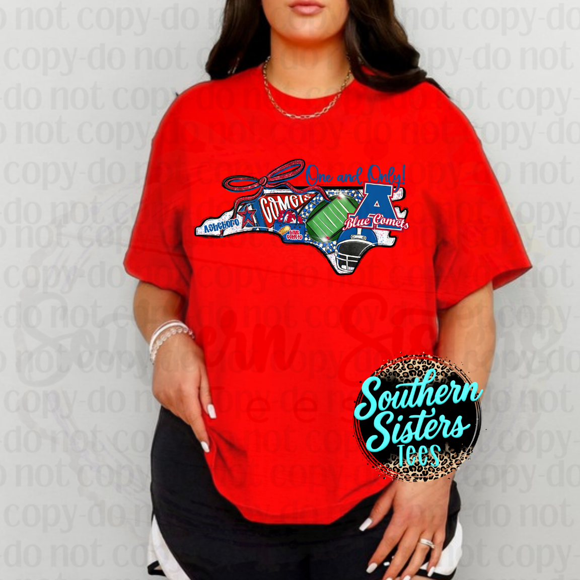 Asheboro Comets football Home-Turf Hype shirt on red tee