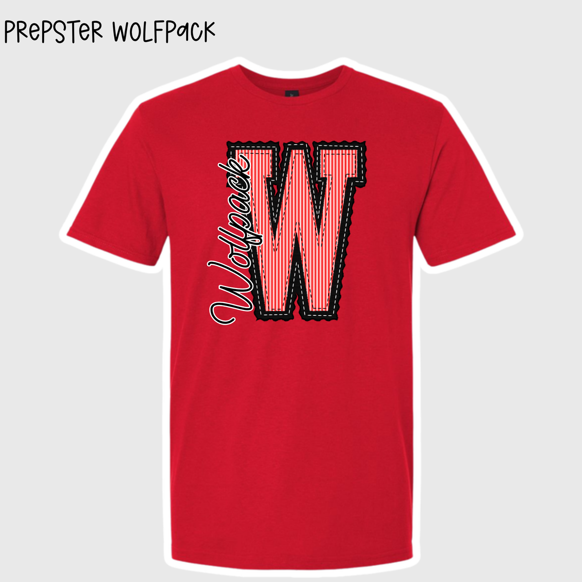 Prepster W Wolfpack design on red tee