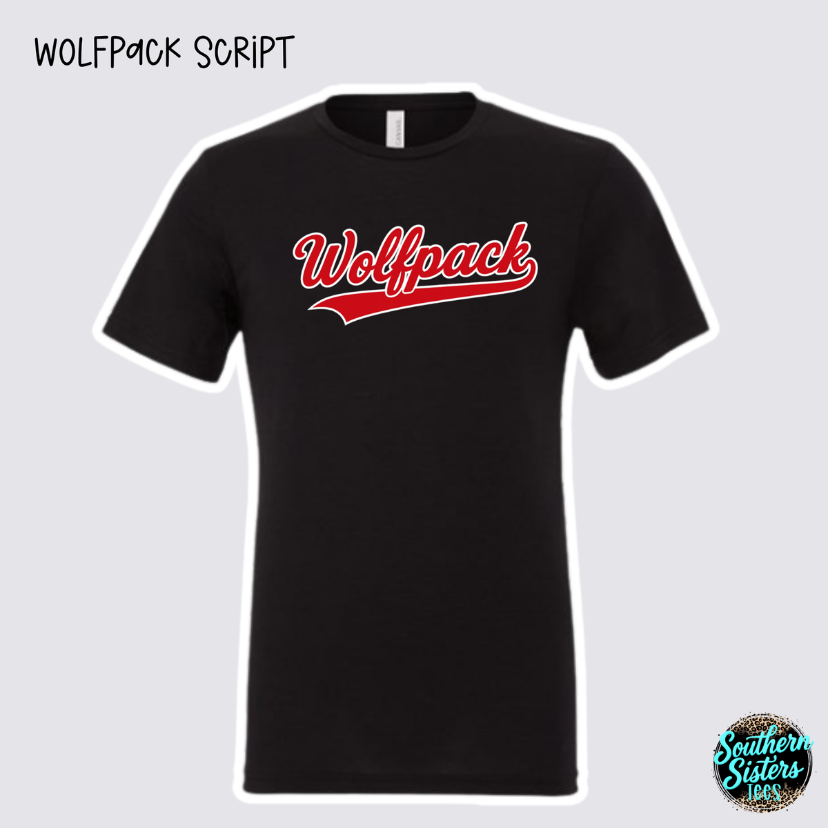Wolfpack Script design on black tee