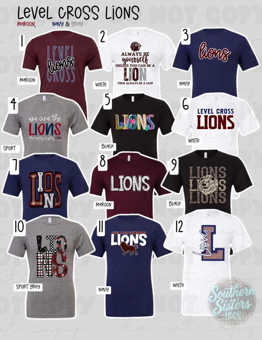 Level Cross Lions spirit wear, 12 numbered mascot tee designs