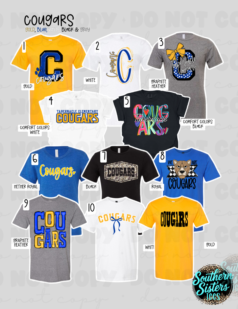 Tabernacle Elementary Cougars spirit wear, 11 numbered mascot tee designs