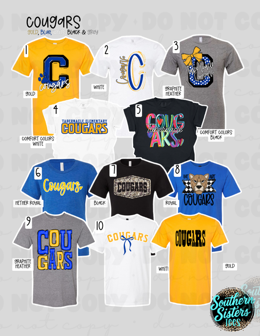 Tabernacle Elementary Cougars spirit wear, 11 numbered mascot tee designs