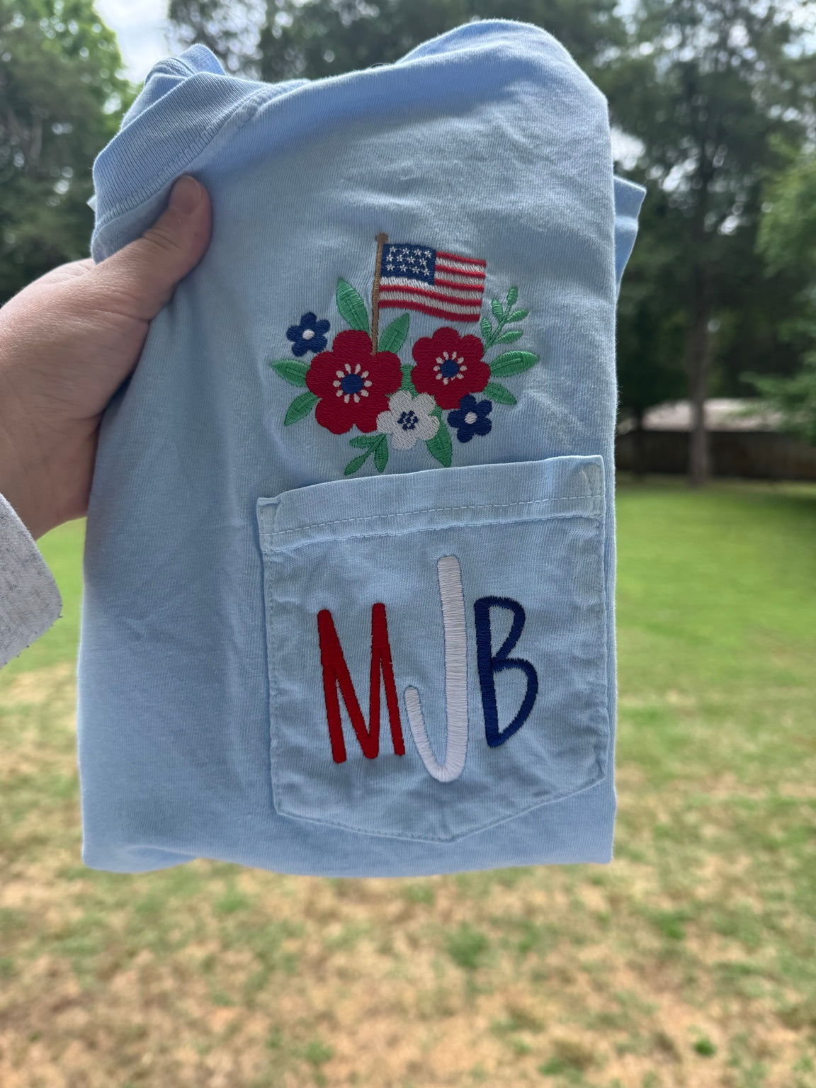 Patriotic Floral Monogram Pocket Tee | Embroidered Comfort Colors Shirt