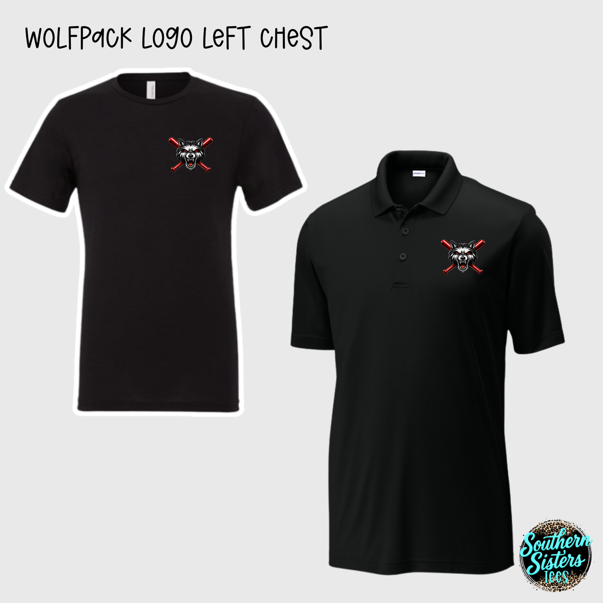 Wolfpack logo left chest on black tee and polo